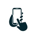 Human hand holding smartphone icon. Phone holding flat icon sign. Phone in hand and click finger - vector Royalty Free Stock Photo