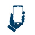 Human hand holding smartphone. Phone holding flat icon sign - vector Royalty Free Stock Photo