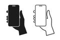 Human hand holding smartphone set icon. Phone holding flat icon sign. Human hands hold vertically mobile phone. Phone in hand sign Royalty Free Stock Photo