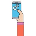 Human hand holding smartphone with settings gears color illustration