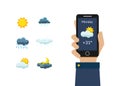 Human Hand Holding Smartphone with Weather Forecast Application, Sun, Clouds, Thunderstorm, Night and Day Design Royalty Free Stock Photo