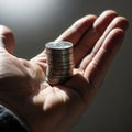 A human hand holding a stack of metallic coins illuminated by soft lighting Royalty Free Stock Photo