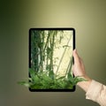 Human hand holding tablet with a screen view of the rainforest with trees and sunlight Royalty Free Stock Photo