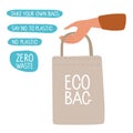 Human hand holding textile bag with Eco Bag inscription and Environmental slogans. Reusable shopping bag
