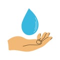 Human hand holding water drop clipart in flat line modern style with phrase Save Water concept. Ecology, recycle, environment Royalty Free Stock Photo