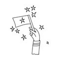 Human hand with white flag and stars on background