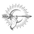 Human Hand Holds Arrow Against Crescent Moon Symbol