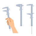 Human hand holds caliper. Accuracy measurement tool set.