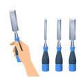 Human hand holds chisel. Carpentry steel tool set.