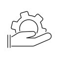 Human hand holds a cogwheel. Simple outline black and white vector icon