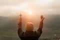 Human hand holds cross and open palm up worship. Eucharist Therapy Bless God Helping Repent Catholic Easter Lent Mind Pray. Chris Royalty Free Stock Photo