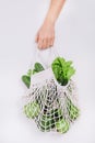 Hand holds eco bag mesh vegetables fruits