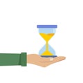 Human hand holds a hourglass. Business and time management concept. Isolated vector illustration d