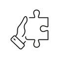 Human Hand Holds Jigsaw Piece Line Icon. Puzzle Game Solution. Success Teamwork Linear Pictogram. Problem Solving, Idea