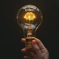 A human hand holds a light bulb glowing with a brain shape, representing creativity, innovation, and inspiration