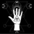 Human hand holds a sacred pyramid of knowledge, an all-seeing eye.