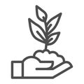 Human hand holds seedling with leaves line icon, agriculture concept, sprout with handful of soil on hand sign on white Royalty Free Stock Photo