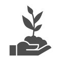 Human hand holds seedling with leaves solid icon, agriculture concept, sprout with handful of soil on hand sign on white Royalty Free Stock Photo