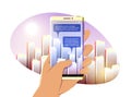 Human Hand Holds Smartphone with Augmented Reality Mobile App over Cityscape