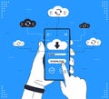 Human hand holds smartphone with cloud, arrows and progress bar on the screen. Download information, files concept for websites.