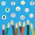 Human hand and icons of education.Modern vector illustration concept. infographics background education.