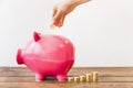 human hand inserting coin pink piggybank. High quality photo Royalty Free Stock Photo