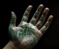 Human hand with integrated circuitry, a concept image of the fusion of technology and biology. Generative AI illustration