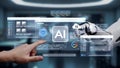 Human hand interacting with AI technology interface featuring data analysis, charts, graphs, and robotic hand in modern Royalty Free Stock Photo
