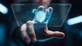 Human hand interacting with futuristic digital fingerprint interface on transparent touchscreen technology display Royalty Free Stock Photo