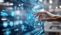 Human Hand Interacting with Futuristic Digital Interface Display in Modern Technology Environment Royalty Free Stock Photo