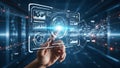 Human Hand Interacting with Futuristic Digital Interface and Global Data Network Royalty Free Stock Photo