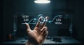 A human hand interacting with a futuristic digital interface showing real-time electrical data measurements and graphs. Royalty Free Stock Photo