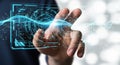 Human hand interacting with futuristic digital interface technology data stream Royalty Free Stock Photo