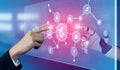 Human Hand Interacting with Futuristic Technology Interface Representing AI, Data Analysis, and Digital Connections in a Royalty Free Stock Photo