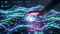 Human hand interacting with a glowing blue and green digital network grid with interconnected nodes and data Royalty Free Stock Photo