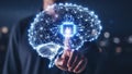Human hand interacting with a glowing digital brain network Royalty Free Stock Photo