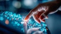 Human hand interacting with glowing digital particles, symbolizing artificial intelligence, data flow, and futuristic Royalty Free Stock Photo