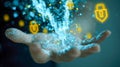 Human hand interacting with a glowing digital shield symbol and cybersecurity data particles representing advanced protection in a Royalty Free Stock Photo