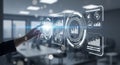 Human hand interacting with glowing futuristic digital interface displaying financial charts and data analytics Royalty Free Stock Photo