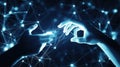 Human hand interacting with glowing network, creating digital connection, representing global technology, and data innovation Royalty Free Stock Photo