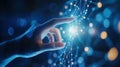 Human hand interacting with glowing network, creating digital connection, representing global technology, innovation, data and Royalty Free Stock Photo