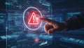 Human hand interacting with holographic warning interface, signaling critical system error Royalty Free Stock Photo