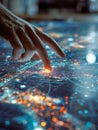 Human hand interacting with an illuminated futuristic city map interface showing digital connections and data points in a high- Royalty Free Stock Photo