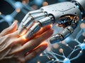 Human hand interacting with a robotic hand, futuristic technology concept Royalty Free Stock Photo