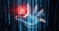 Hand reaching out to activate glowing red emergency alarm icon within cascading blue digital binary code matrix, for Royalty Free Stock Photo