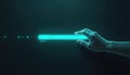 Human hand interacts with futuristic glowing progress bar interface. Adjusting slider on digital screen, conceptualizing control, Royalty Free Stock Photo