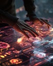 Human hand interacts with a futuristic interactive interface table. Royalty Free Stock Photo