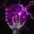 Human hand interacting with futuristic medical technology and DNA visualization Royalty Free Stock Photo