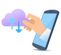 A hand from the phone`s screen holds a cloud symbol. Royalty Free Stock Photo