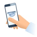 A human hand, mobile phone and silver yen coin. Royalty Free Stock Photo